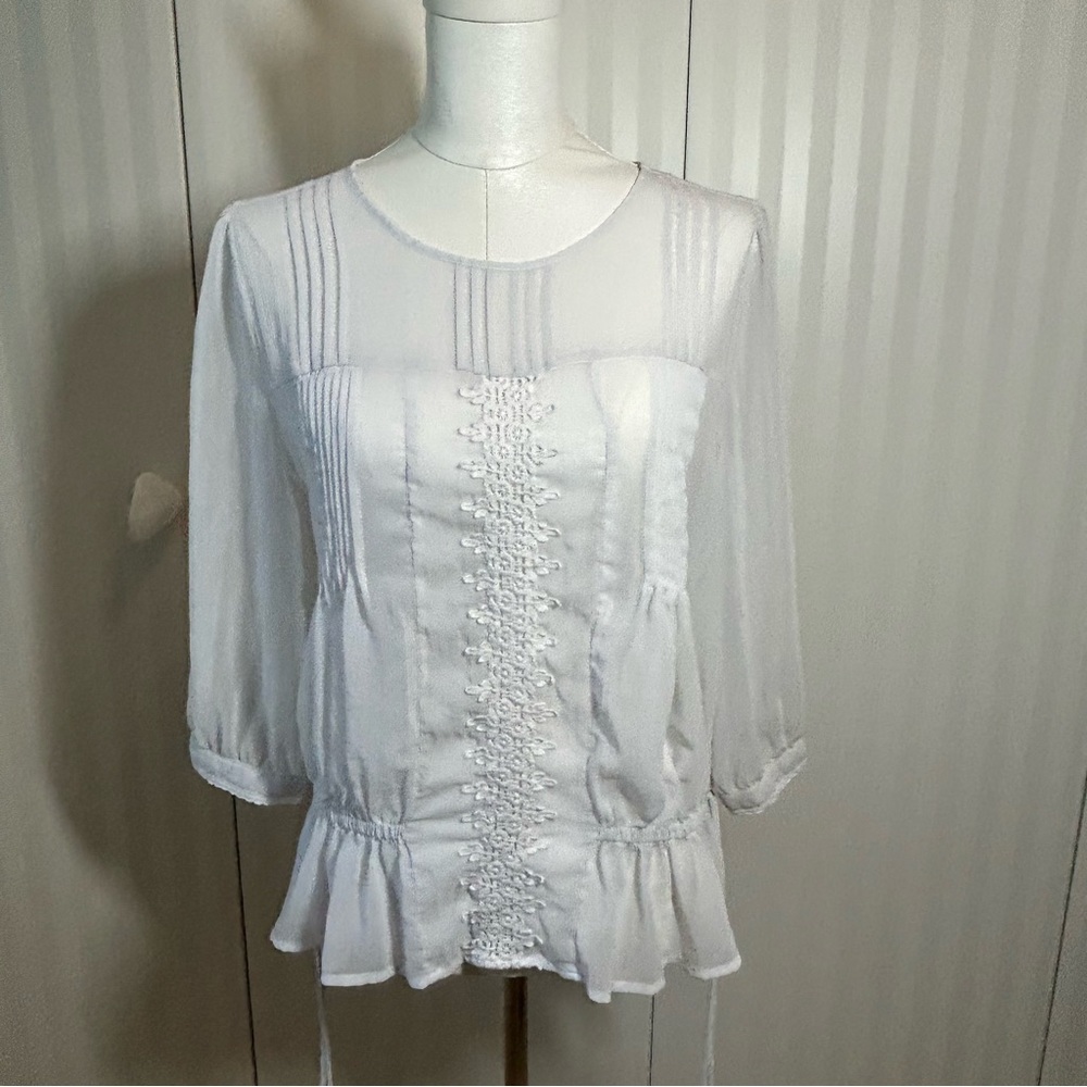 American Rag sheer white gathered lacey blouse ties Size M